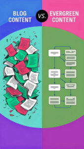 stylized side-by-side rendering showing the conflict between blog content, represented by lots of papers strewn about chaotically, and on the right, clean, flow-chart clarity pages showing relationsihps