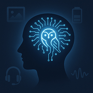 Silhouette of a human head filled with a glowing, stylized circuit board pattern forming an owl’s face at the center, representing wisdom and artificial intelligence. Around the head are subtle icons: a photo, battery, headphones, and sound wave—symbolizing creativity, energy, listening, and insight. The image illustrates the concept of AI-powered wisdom inside the human mind.