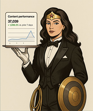 A digital illustration of Wonder Woman dressed in a classic black butler uniform with a bow tie and white gloves. She stands confidently, holding a silver tray in one hand that displays a content performance chart showing 37,039 impressions and a sharp spike in a line graph. Her signature tiara, golden lasso at her hip, and shield by her side complete the look, blending superhero and butler personas in a playful, professional pose.