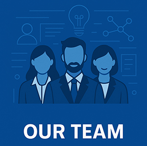 Stylized illustration of three business professionals—one man and two women—standing together, with the words "OUR TEAM" in bold white text below. Background icons represent teamwork and collaboration.