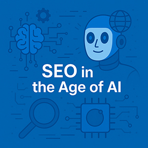 Illustration featuring a friendly robot head and a brain connected by digital circuit lines, with the words "SEO in the Age of AI" in bold white text at the center. Surrounding icons represent technology and artificial intelligence.